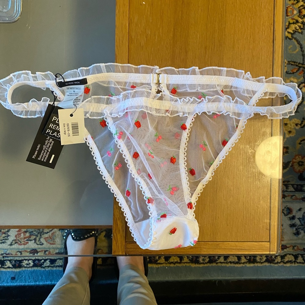 Sheer White Ruffle Thong with Strawberry Embroidery